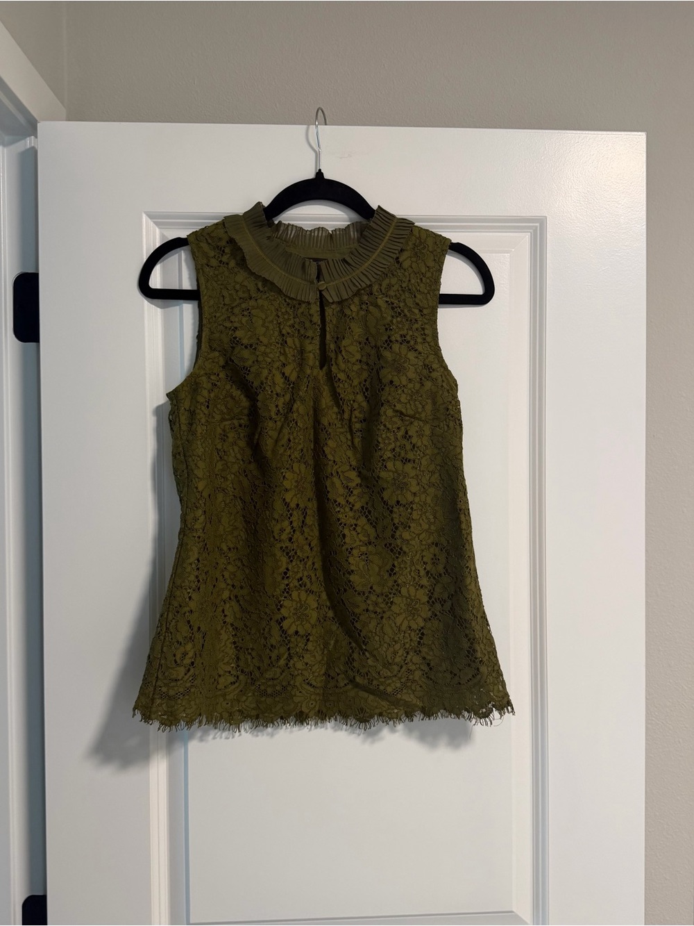 J. Crew Olive Lace Ruffle-Neck Sleeveless Top